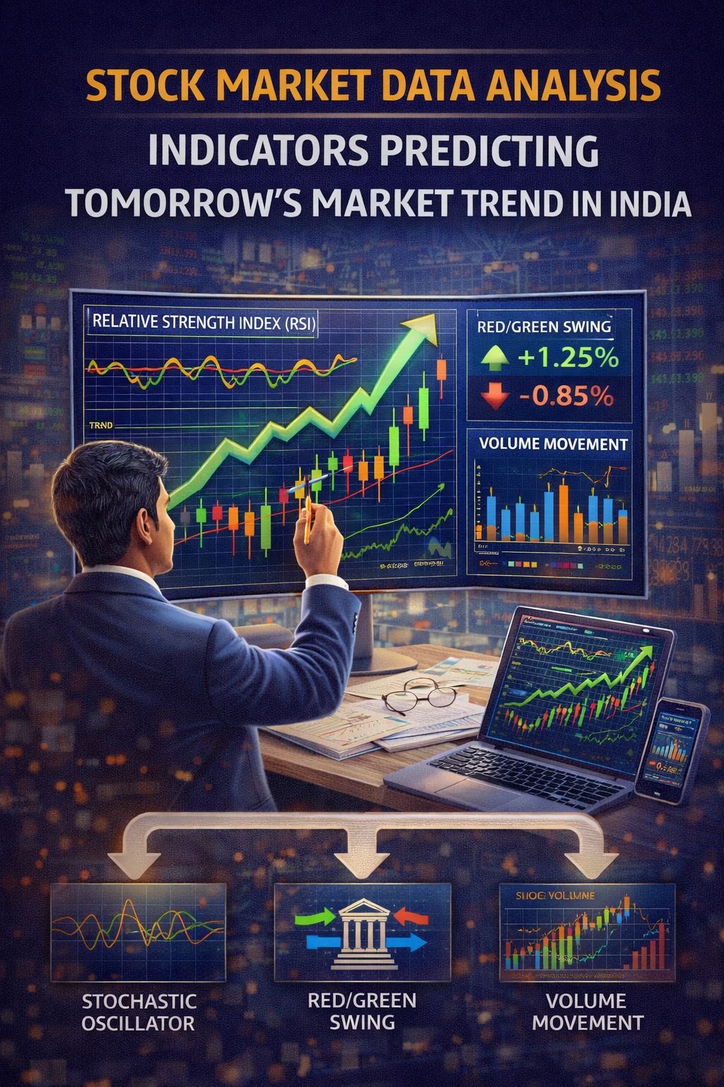 Stock market data analysis showing indicators predicting tomorrow’s market trend in India